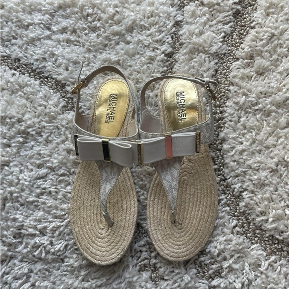 Michael Kors Tan and Silver Bow Wedge Sandals - Picture 1 of 5